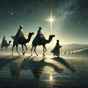 Magi on camels following a star.